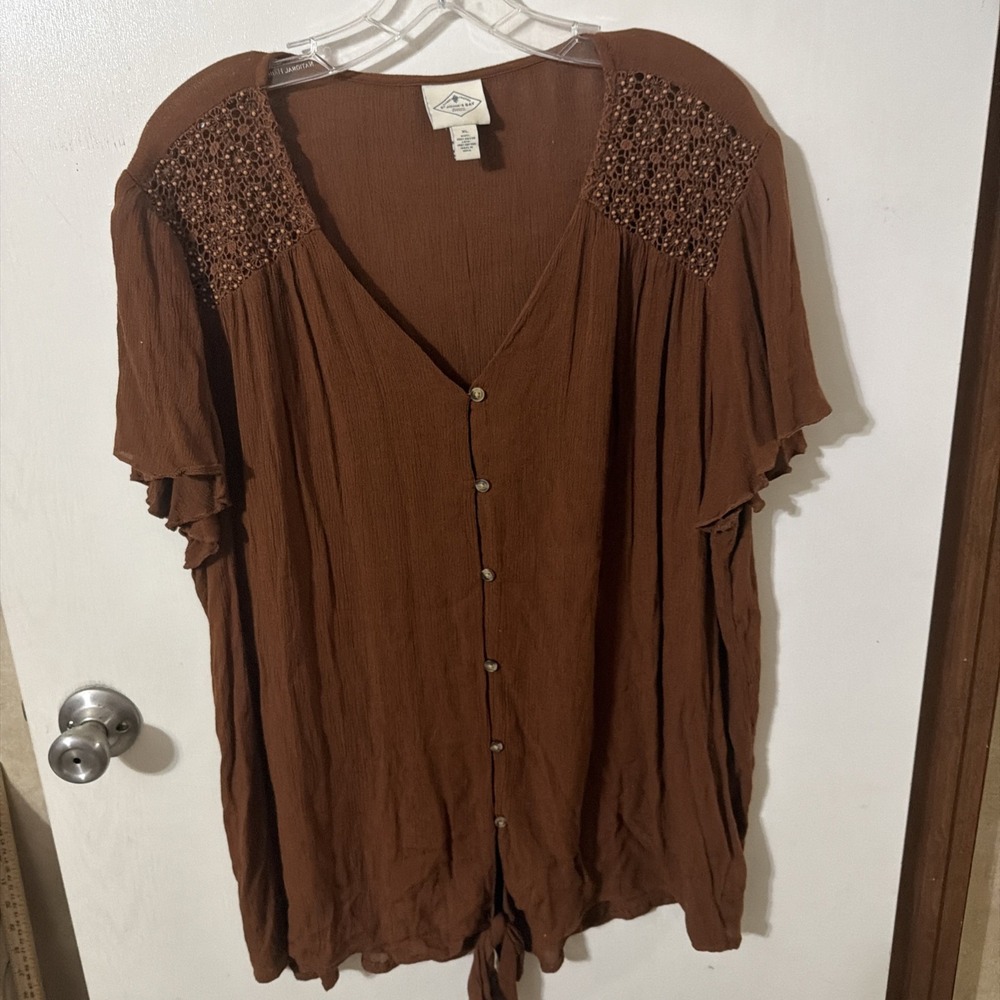 St Johns Bay Blouse Womens XL Brown Boho Peasant Tie Waist, Lace Sleeves